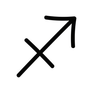 May include: Black and white illustration of the Sagittarius zodiac sign, which is an arrow pointing to the right with a cross underneath.