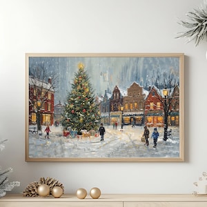 Cozy Vintage Christmas Town Square Wall Art | Winter Holiday Scene Painting | Snowy Christmas Tree Illustration | Instant Download
