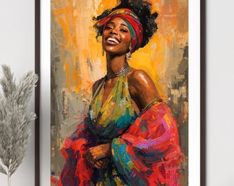 Colorful African American Woman Wall Art  | Joyful Black Woman Portrait | Afrocentric Oil Painting Art | Vibrant Wall Art | Digital Download