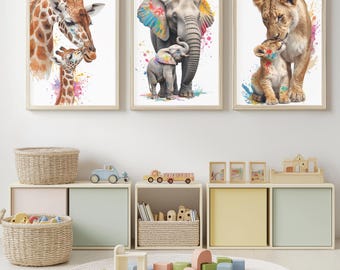 Mother and Baby Animal Wall Art Set of 3 – Elephant, Lion, Giraffe Prints | Watercolor Splash | Nursery/Living Room Art | Digital Download