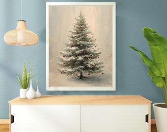 Peut inclure: Tableau encadré d'un sapin de Noël enneigé orné de boules rouges. L'œuvre est présentée sur un fond neutre et encadrée de blanc. Il est accroché au-dessus d'un meuble en bois clair avec des portes blanches, contre un mur bleu.