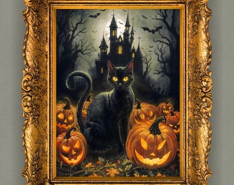 Haunting Black Cat with Pumpkins and Castle | Vintage Halloween Style | Printable Halloween Wall Art | Haunted House Art | Cat Halloween Art