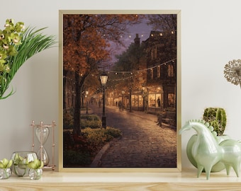 Herbst Abend Straßenszene Wandkunst | Vintage Stadt Malerei Druck | Herbst gemütliches Dekor | Rustikaler saisonaler digitaler Download