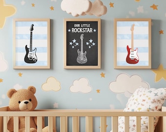 Our Little Rockstar Nursery Wall Art Set of 3 | Electric Guitar Prints | Music Notes | Rock n Roll Baby Room Decor | Digital Download