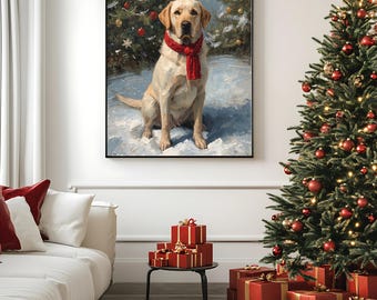 May include: A framed painting of a yellow Labrador Retriever wearing a red scarf, set against a snowy backdrop with Christmas trees. The dog is the focal point, with a festive holiday theme.