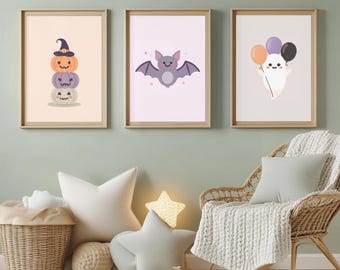 Cute Halloween Wall Art Set of 3 Prints | Ghost with Balloons, Smiling Bat & Pumpkin Stack | Kids Room, Nursery, Fall Decor | Digital Prints