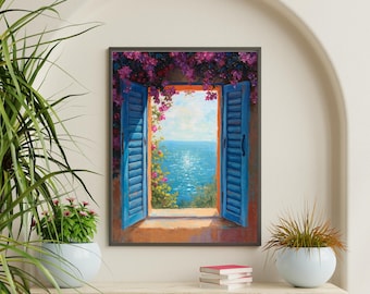 Mediterranean Sea View Painting | Coastal Window Digital Wall Art | Blue Shutters & Bougainvillea Printable Home Decor | Digital Image