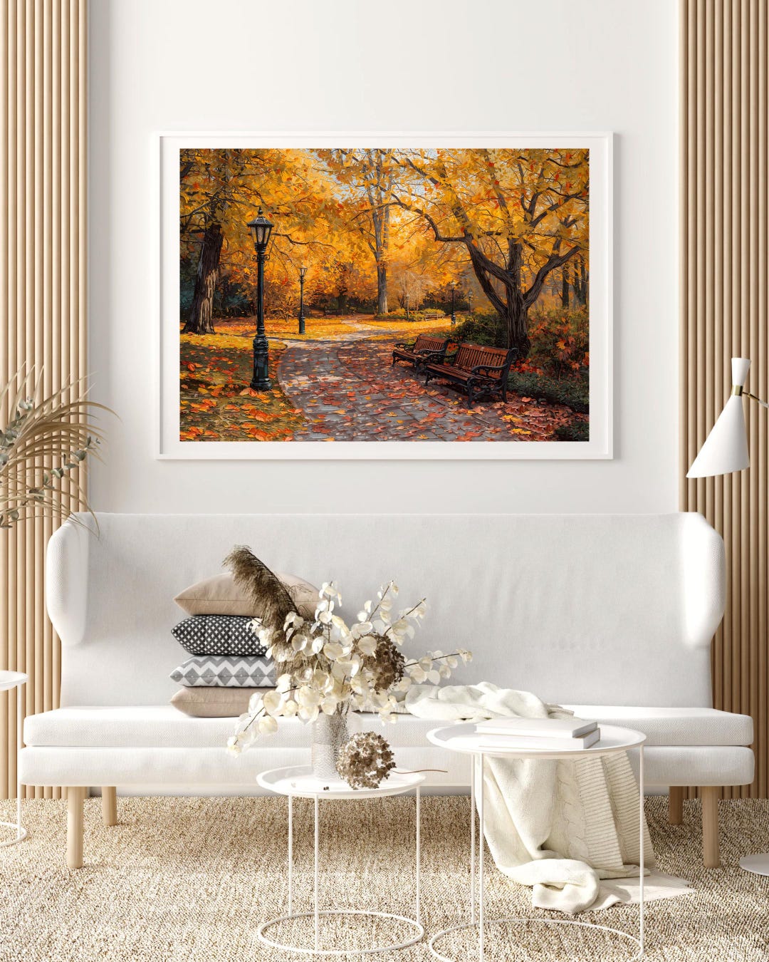 Golden Autumn Park Path | Cozy Fall Wall Art | Rustic Benches ...