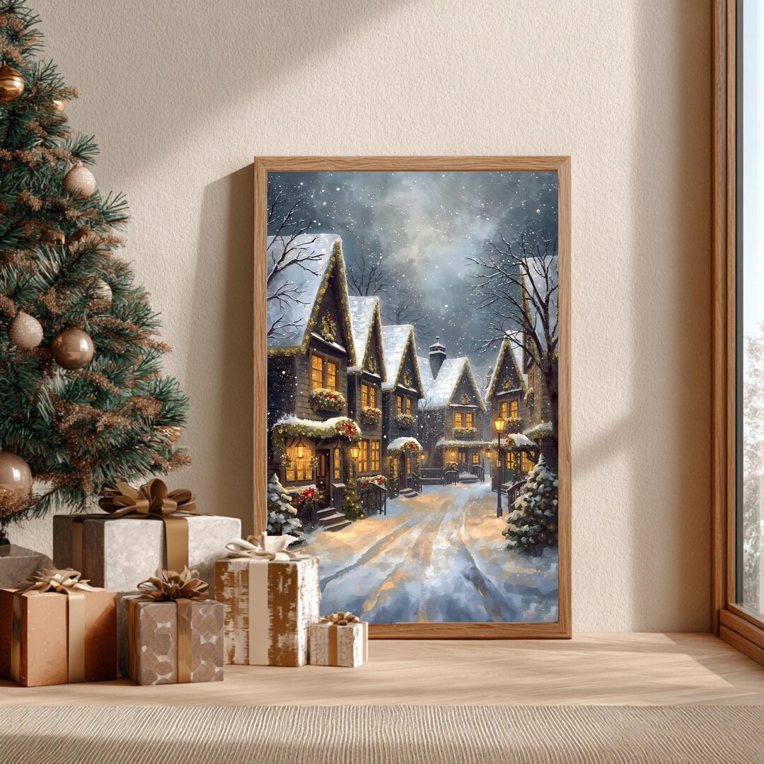 Cozy Christmas Village Wall Art Print | Winter Town Snow Scene Painting ...