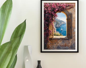 Mediterranean Window View Wall Art | Italian Coastal Print | Sea View with Sailboat & Flowers | Digital Download | Capri Amalfi Coast Decor