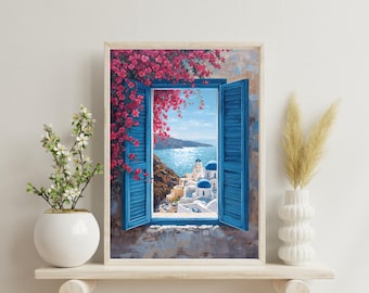 Santorini Window View Wall Art | Greek Island Coastal Print | Blue Shutters & Sea View | Mediterranean Painting |  Digital Download