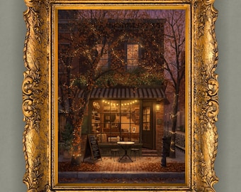 Twilight Autumn Café Wall Art | Cozy Coffee Shop Printable | Fall Evening Home Decor | Rustic Seasonal Digital Download