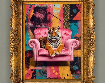 Tiger on Pink Velvet Chair – Maximalist Wall Art, Bold Animal Print, Eclectic, Digital Download, Statement Jungle Decor