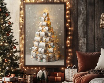 Whimsical Toilet Paper Christmas Tree Wall Art | Funny Holiday Bathroom Decor Print | Festive TP Tree with Lights | Instant Download