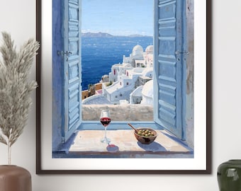 Santorini Window View | Mediterranean Coastal Wall Art | Greek Island View Painting | Blue Shutters & Sea View Art |  Digital Download