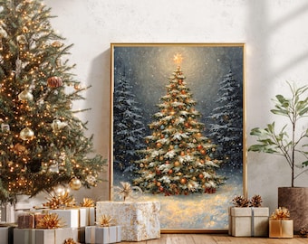 Peut inclure: Tableau encadré d'un sapin de Noël dans un cadre doré, représentant un conifère enneigé orné de décorations et d'une étoile. Des cadeaux et un sapin de Noël avec des lumières sont au premier plan, créant une scène de vacances festive.