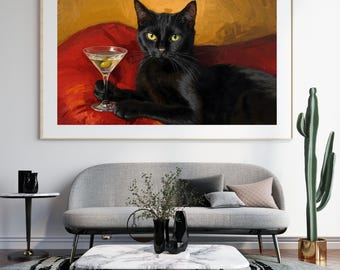 Black Cat with Martini Digital Print – Bar Cart Wall Art - Retro Lounge - Mid Century Modern Decor - Cocktail Art - Oil Painting