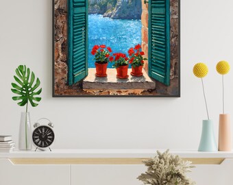 Mediterranean Coastal Village Painting | Window View Digital Wall Art | Rustic Shutters & Geraniums Printable Home Decor | Digital Image