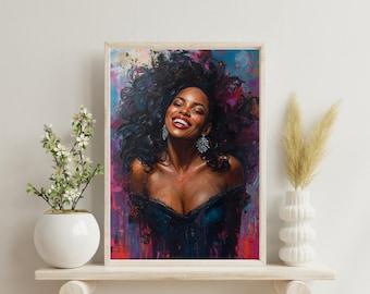 Glamorous African American Woman Wall Art | Joyful Black Woman Portrait Print | Modern Oil Painting | Afrocentric Home Decor | Digital