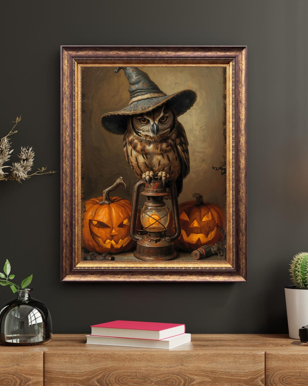 Vintage Halloween Owl Art Print | Witch Hat Owl With Pumpkins & Lantern ...