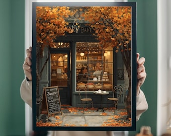Cozy Autumn Bakery Wall Art | Fall Coffee Shop Print | Warm Rustic Café Painting | Seasonal Home Decor | Autumn Coffee Shop Print
