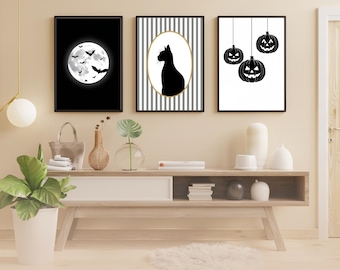 Halloween Digital Wall Art Set of 3 | Black Cat, Moon & Bats, Hanging Pumpkins | Modern Minimalist Prints | Instant Download