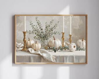 Lámina decorativa neutra para mesa otoñal / Bodegón de calabaza blanca / Elegante arte mural otoñal / Decoración para el comedor en Acción de Gracias / Descarga digital