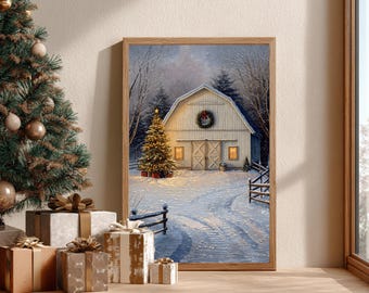 May include: A framed print of a winter scene featuring a white barn with a Christmas wreath and a lit Christmas tree. The artwork is set in a snowy landscape with a wooden fence and a path leading to the barn. Presents and a Christmas tree are in the foreground.
