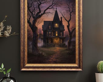 Haunted Victorian House | Digital Artwork in Vintage Oil Painting Style |Printable Halloween Wall Art | Haunted House Art Painting