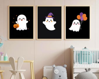 Lindo juego de arte mural de fantasmas de Halloween / 3 pósteres imprimibles para niños / Decoración digital para sala de juegos infantil / Impresiones de truco o trato