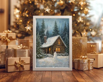 May include: A framed painting depicting a snow-covered cabin with a snowman, set against a backdrop of a Christmas tree and wrapped gifts. The painting shows a cosy cabin with lit windows and a smoking chimney.