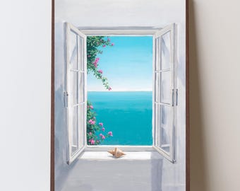 Open Window Ocean View Print | Coastal Wall Art | Mediterranean Sea Painting | Beach House Decor |  Digital Download