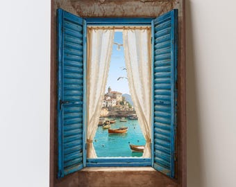 Mediterranean Window View Digital Art Print | Coastal Seaside Wall Decor | Blue Shutters Ocean Boats | Instant Digital Download