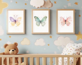 Juego de 3 piezas de arte de pared con mariposas para guardería / Arte de mariposas / Descarga digital / Habitación de niña, regalo para baby shower, decoración de dormitorio infantil