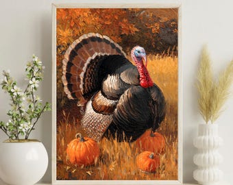 May include: Framed painting of a male turkey with a fanned tail, standing in a field of tall grass. Three orange pumpkins are at the turkey's feet. The background features autumn foliage. The artwork is displayed on a white shelf.