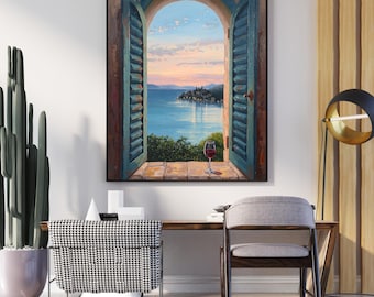 Mediterranean Sunset Window View | Coastal Wall Art Print | Sea View with Wine Glass | Italian Riviera Digital Art | Relaxing Home Decor