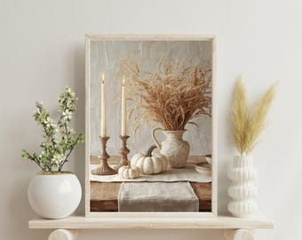 Lámina decorativa neutra para mesa otoñal / Decoración de calabaza blanca / Elegante arte mural otoñal / Decoración para comedor de Acción de Gracias / Descarga digital