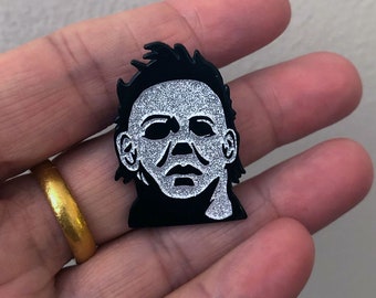 Halloween Inspired Silver GLITTER Michael Myers Enamel Pin