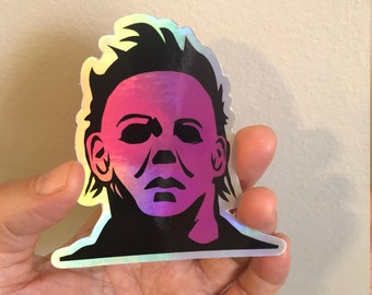 Halloween Inspired Pink Michael Myers Rainbow Hologram Vinyl Sticker Laptop Decal