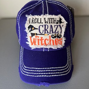 Halloween I Roll With Crazy Witches Distressed Baseball Hat Cap