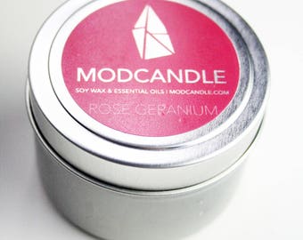 Rose Geranium Essential Oil Candle -  Soy Wax - Aromatherapy - Home Decor