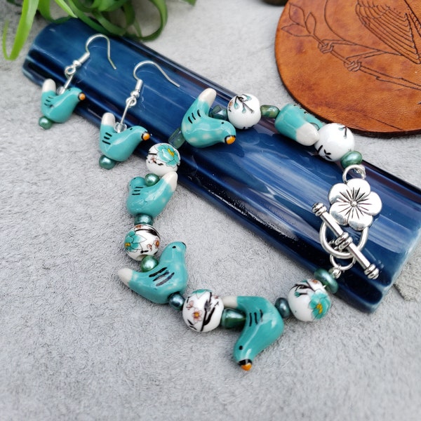 Bluebird Ceramic Bead Bracelet and Earring Set