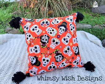 Accent Pillow with tassels/ Orange Day of the Dead
