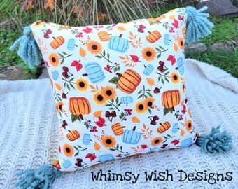 Accent Pillow with Tassels / Orange and Blue Pumpkins