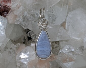 Natural Stone Pendant (Blue Lace Agate) (Silver Layering Necklace) (Sterling Silver) (Stone) (Wire Wrap)