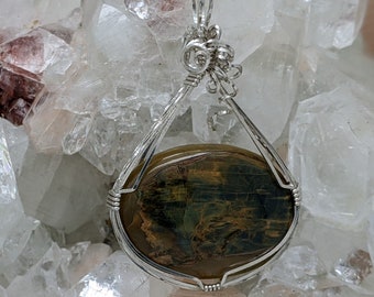 Natural Stone Pendant (Nelite Jasper) (Silver Layering Necklace) (Sterling Silver) (Stone) (Wire Wrap)