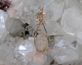 Natural Stone Pendant (Rutilated Quartz) (Gold Layering Necklace) (14K Gold Filled) (Stone) (Wire Wrap)