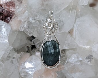 Natural Stone Pendant (Seraphinite) (Silver Layering Necklace) (Sterling Silver) (Stone) (Wire Wrap)