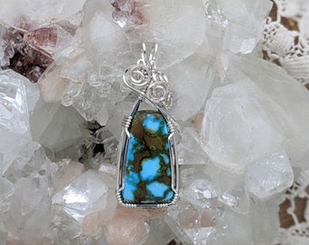 Natural Stone Pendant (Kingman Turquoise) (Silver Layering Necklace) (Sterling Silver) (Stone) (Wire Wrap)