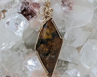 Natural Stone Pendant (Maury Mountain Agate) (Gold Layering Necklace) (14K Gold Filled) (Stone) (Wire Wrap)